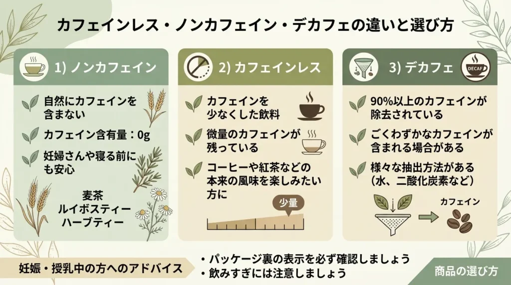 ノンカフェイン・カフェインレス・デカフェの違い